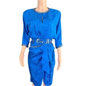 Vintage August Hale 80s Blue Beaded Sequined Silk Dress Size 8